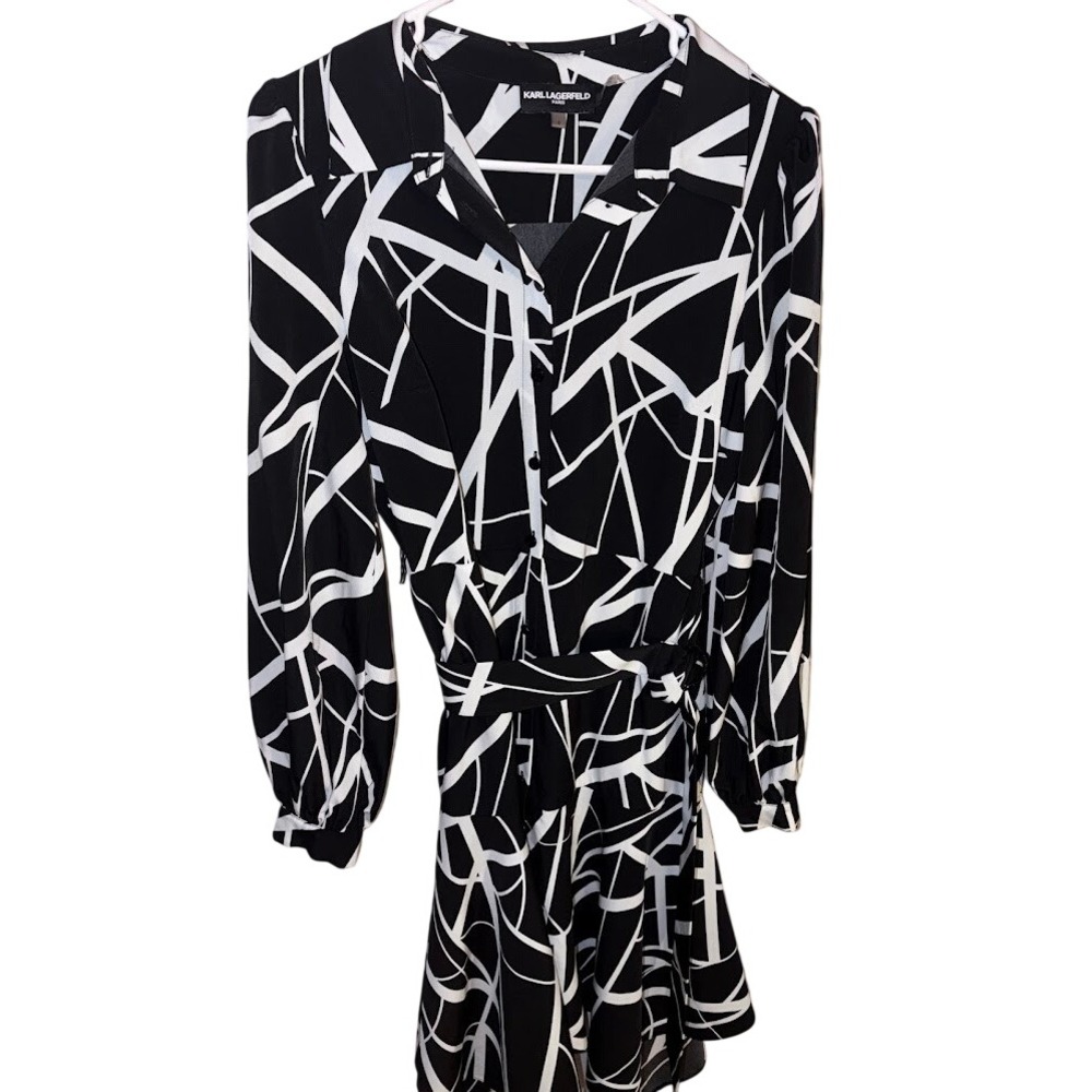 Karl Lagerfeld Paris Womens Black White Abstract Geometric Belted Shirt Dress 8